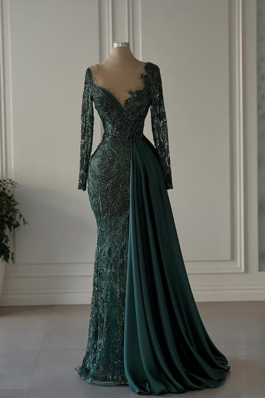 Elegant Dark Green Luxurious Embroidery Mermaid Prom Dress With Satin Trailing ZT0179