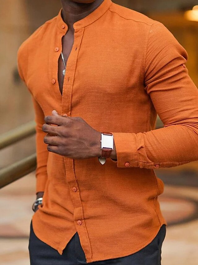 Men's Casual Cotton Linen Long Sleeves Solid Color Shirt