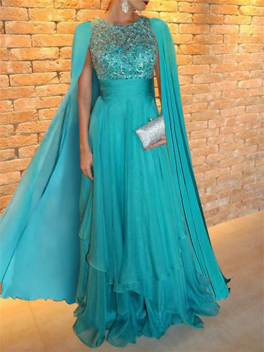 A-Line/Princess Jewel Neck Floor-Length Evening Dresses Appliques Shawl