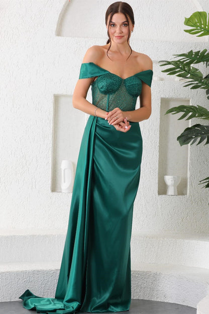 Dark Green Off-the-Shoulder Mermaid Prom Dress Split With Ruffle PD0655