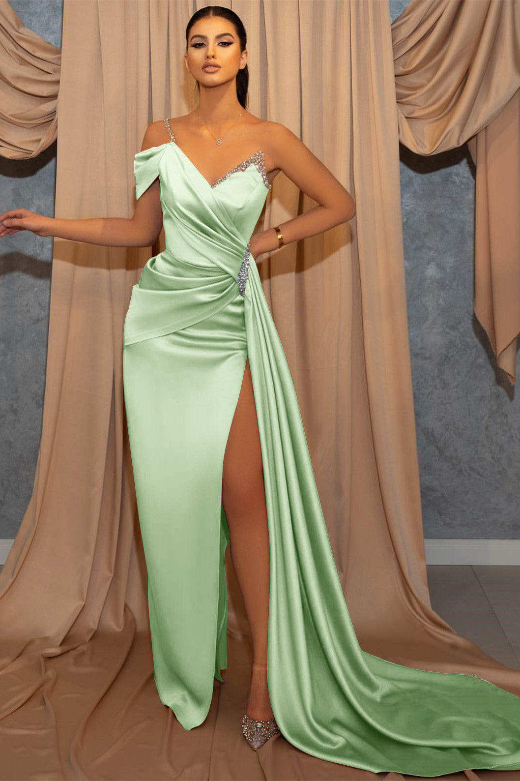 One Shoulder V-Neck Spaghetti-Straps Beads Mermaid Slit Prom Dress With Ruffles ED0236