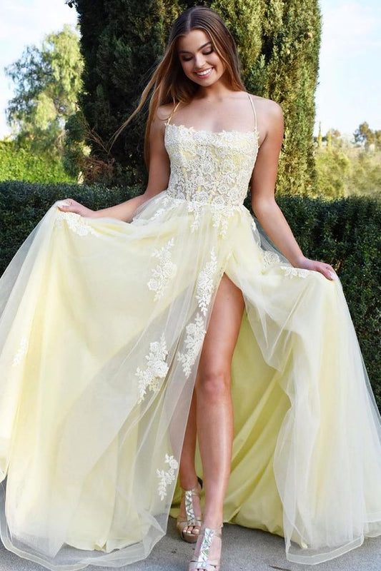 Daffodil Spaghetti-Straps Lace Appliques Mermaid Prom Dress With Split PD0925