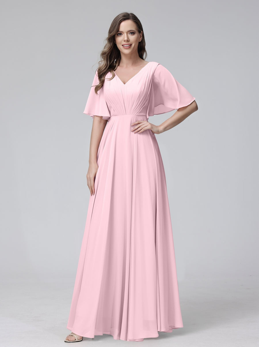 A-Line/Princess V-Neck Half Sleeves Floor-Length Bridemaid Dresses With Ruffles & Pockets