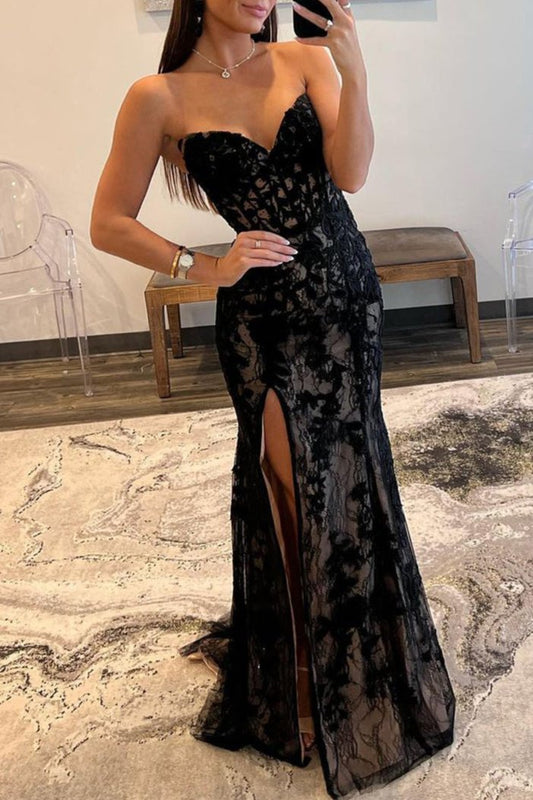 Lyric |Mermaid Strapless Lace Prom Dress with Slit