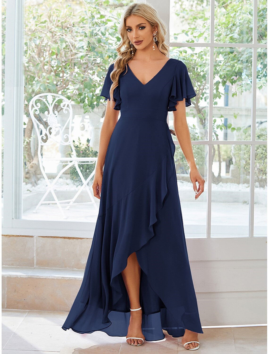 A Line/Princess V Neck Short Sleeves Asymmetrical Wedding Guest Dress