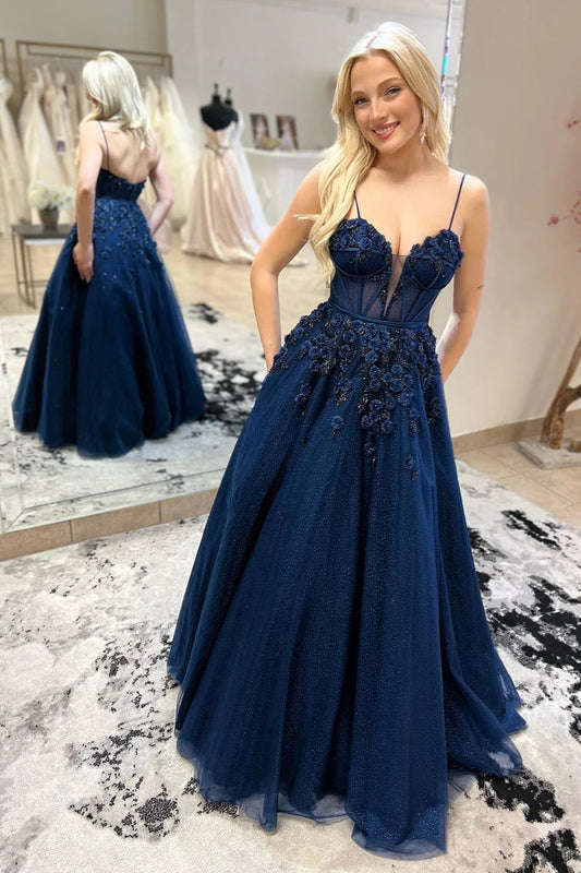 Avalynn | Navy Blue Straps Plunging V Floral Beaded Long Prom Dress