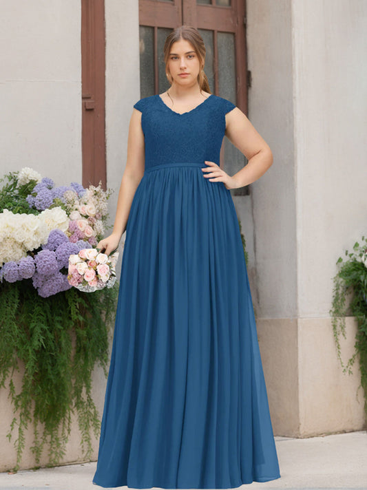 A-Line/Princess V-Neck Short Sleeves Floor-Length Plus Size Bridesmaid Dresses with Embroidery