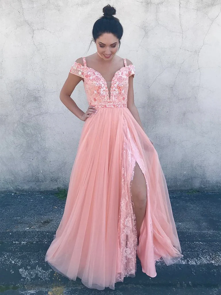 Deep V Neck Off Shoulder Pink Lace Floral Prom Dresses, Off the Shoulder Pink Formal Dresses, Pink Lace Evening Dresses gh2606