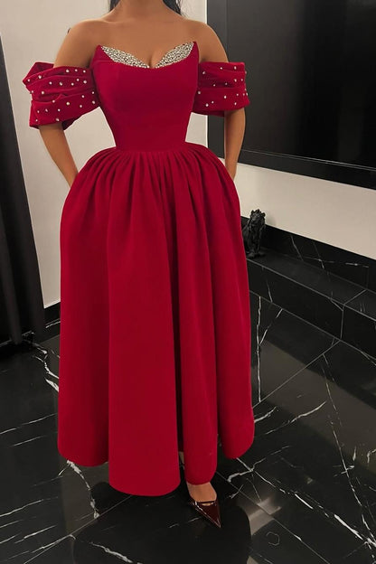 edgynewlook Beautiful Red Sweetheart Off the Shoulder Strapless A Line Prom Dress with Beadings