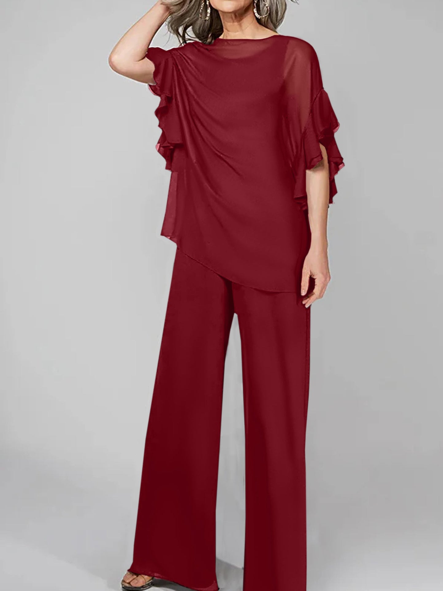 Jumpsuits Scoop Half Sleeves Chiffon Mother Of The Bride Pantsuits