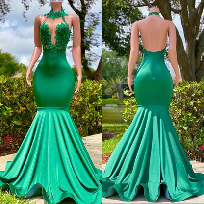 Green Halter  Prom Dress Open Back Mermaid Sleeveless Sexy Appliques YL0111