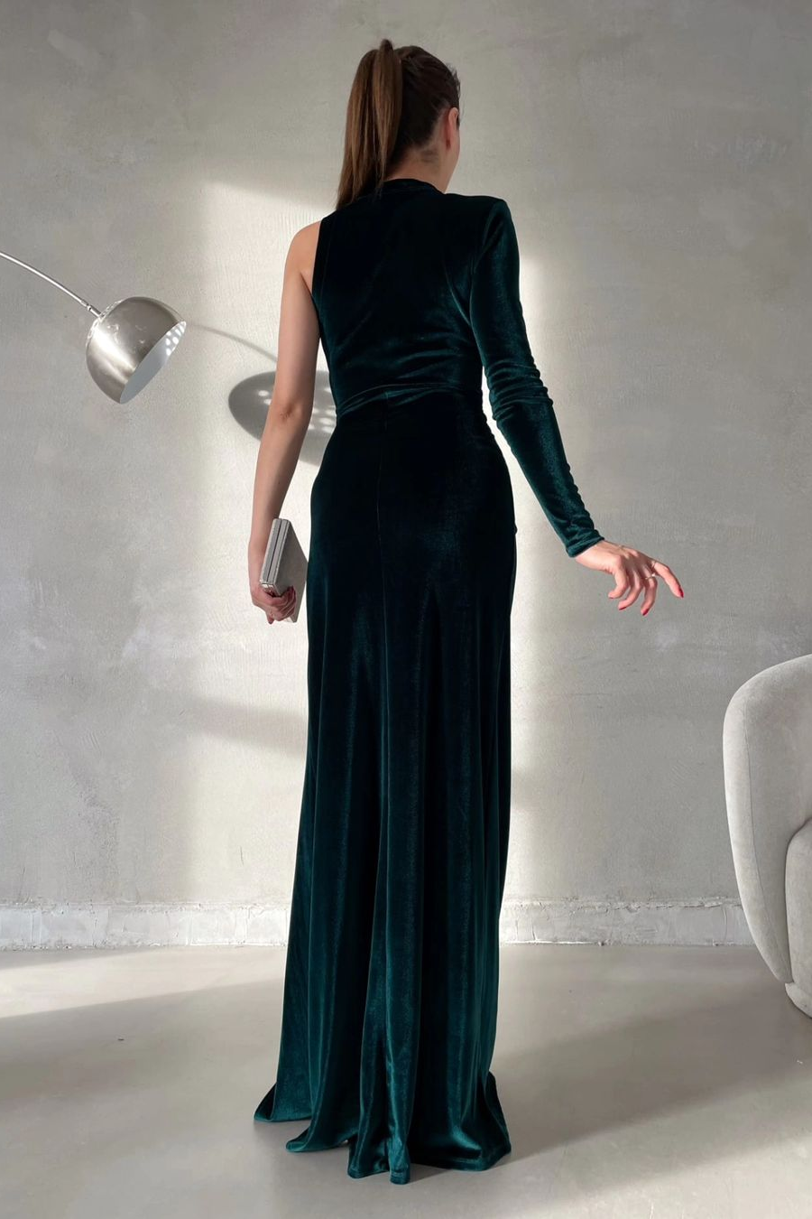 edgynewlook Charming Black Velvet One Shoulder Long Sleeves Long Prom Dress with High Split