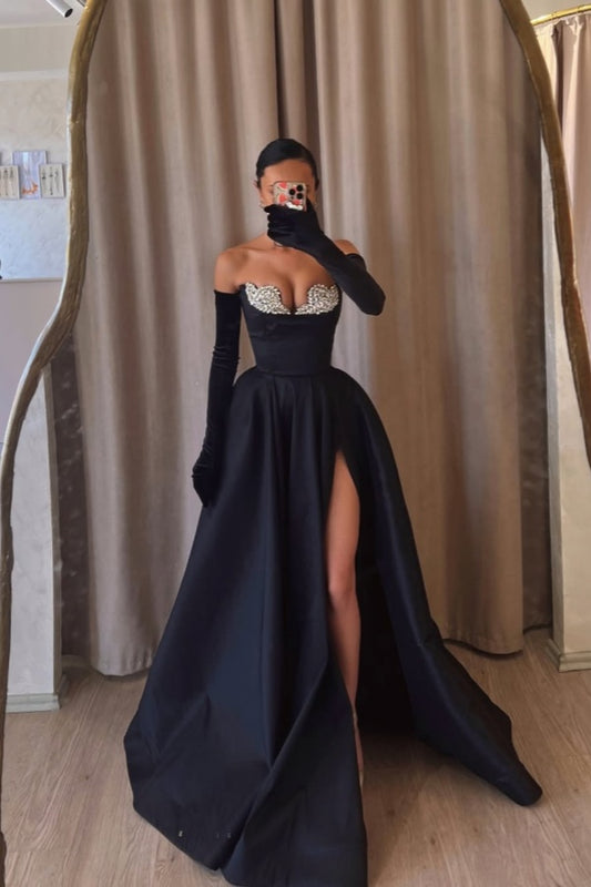 Formal Black Strapless Split Beaded A-Line Prom Dress With Velvet Gloves ZT0534