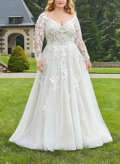 A-Line/Princess V-Neck Long Sleeves Plus Size Lace Wedding Dress with Applique