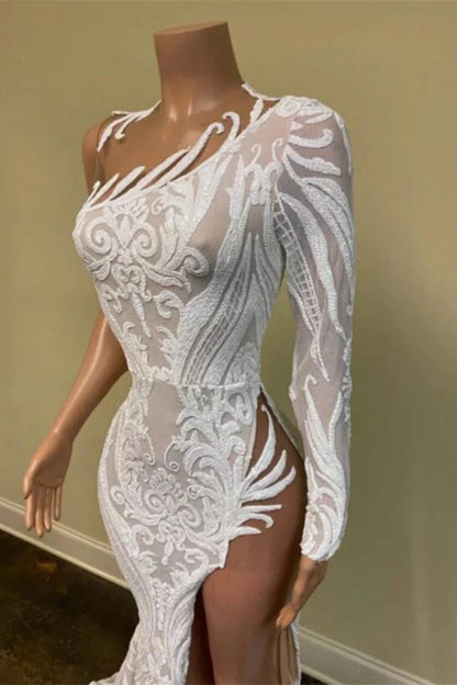 White One-Shoulder Long Sleeves Prom Dress Mermaid Sequins Lace With Split gh792