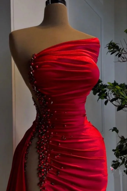 Red Pearl Strapless Prom Dress Long Slit Sleeveless YH0053