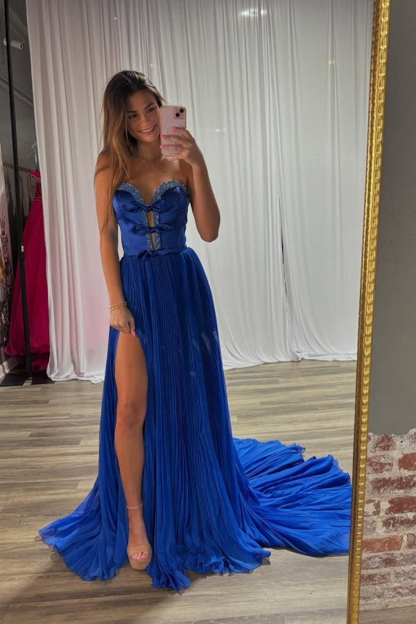 Royal Blue Strapless Split Bow-knot Chiffon Prom Dress ZT0501