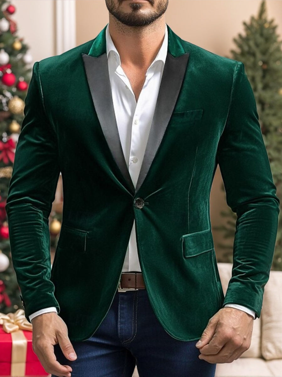 Green Men's Party Velvet Notched Neck Regular Single Breasted One-Button Blazer Jacket