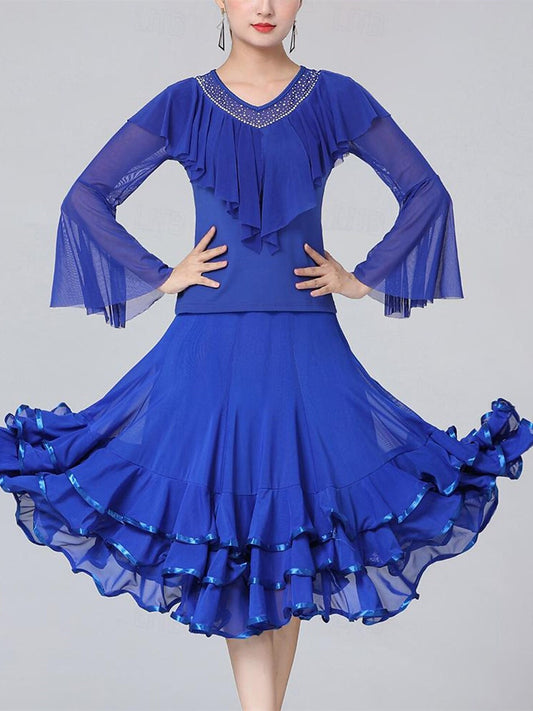 Women's Dancewear Ballroom Dance Skirts Ruffles Pure Color Splicing Women's Performance Training Long Sleeve