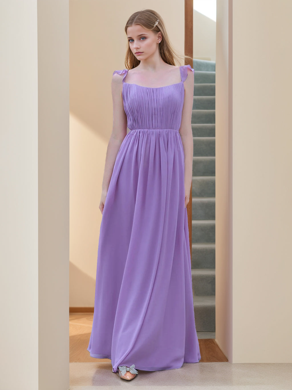 A Line/Princess Square Neck Sleeveless Floor-Length Bridesmaid Dresses with Ruffles