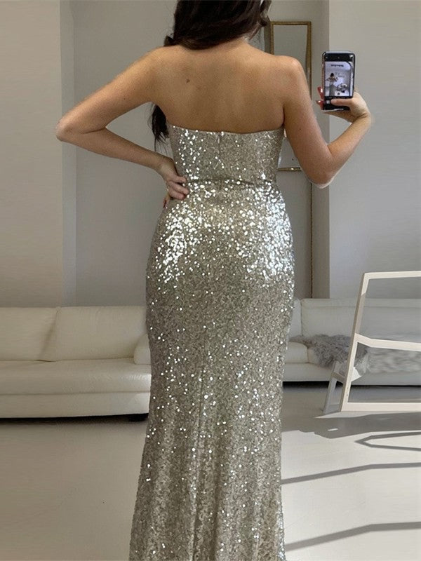 Trumpet/Mermaid Sequins Strapless Sleeveless Floor-length Long Evening Dresses with Split Side