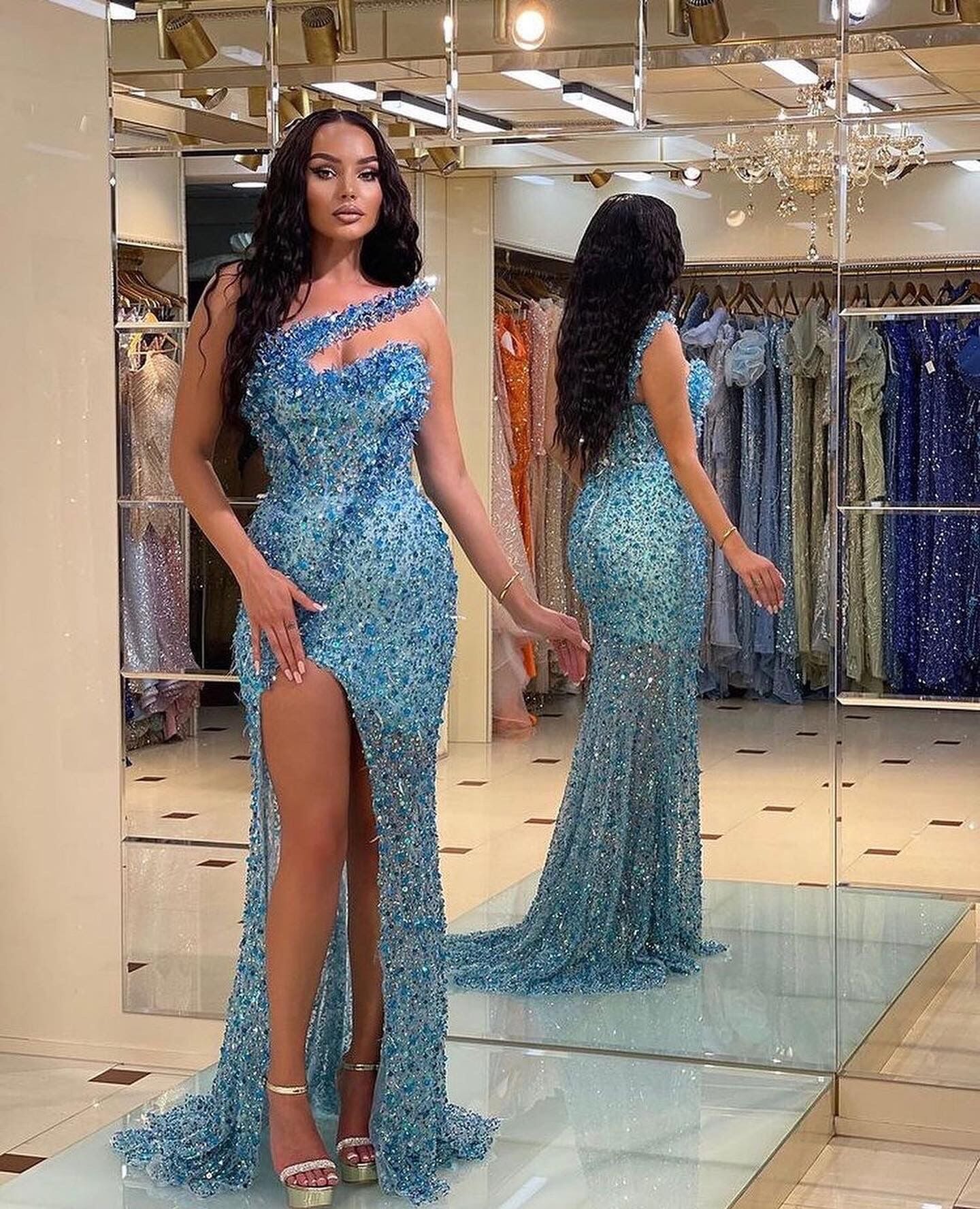 Edgynewlook Gorgeous Blue Strapless Mermaid Prom Dress Split With Beadings