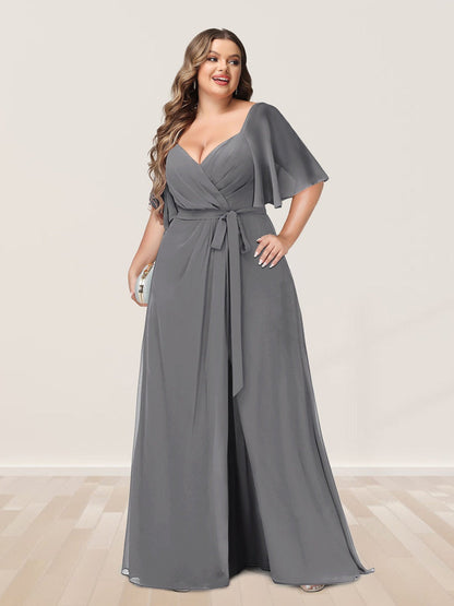 A-Line/Princess V-Neck Half Sleeves Plus Size Bridesmaid Dresses with Split Side