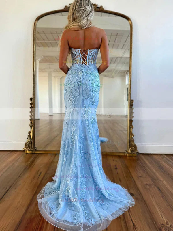 Baby Blue Mermaid Tulle Prom Dresses V Neck Backless With Lace Printing YH0082