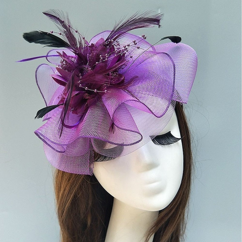 Elegant Net Saucer Hat Fascinator Hats Headpiece Flower Feather & Beading