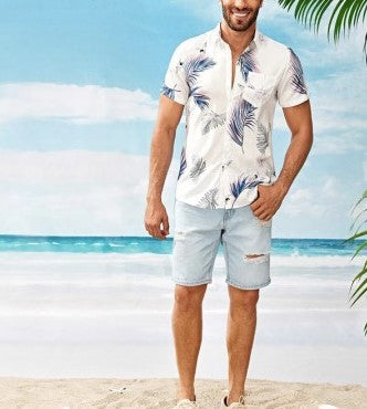 Men's Casual Short Sleeves Beach Shirt with Leaf Print