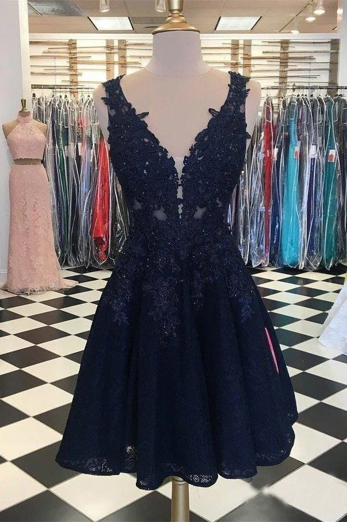 Dark Navy Lace Homecoming Dresses V Neck Appliqued Cheap Short Prom Dresses gh818