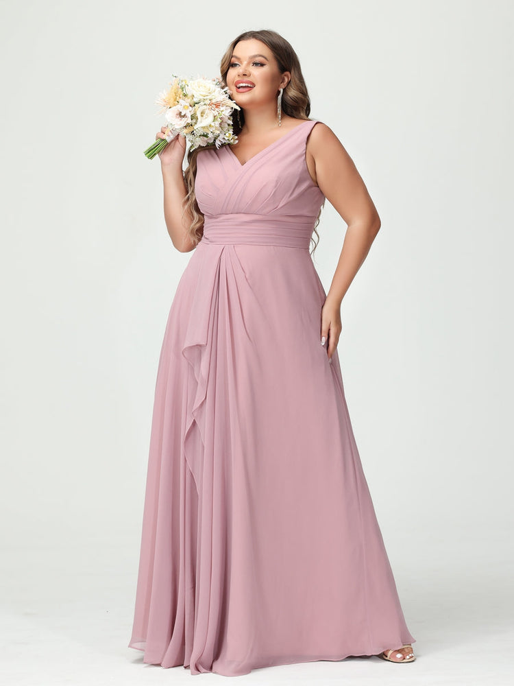 A-Line/Princess V-Neck Sleeveless Chiffon Ruffles Plus Size Bridesmaid Dresses with Pockets & Ruffles