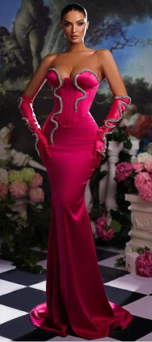 Pink Strapless Mermaid Beaded Prom Dress Long With Gloves YH0086