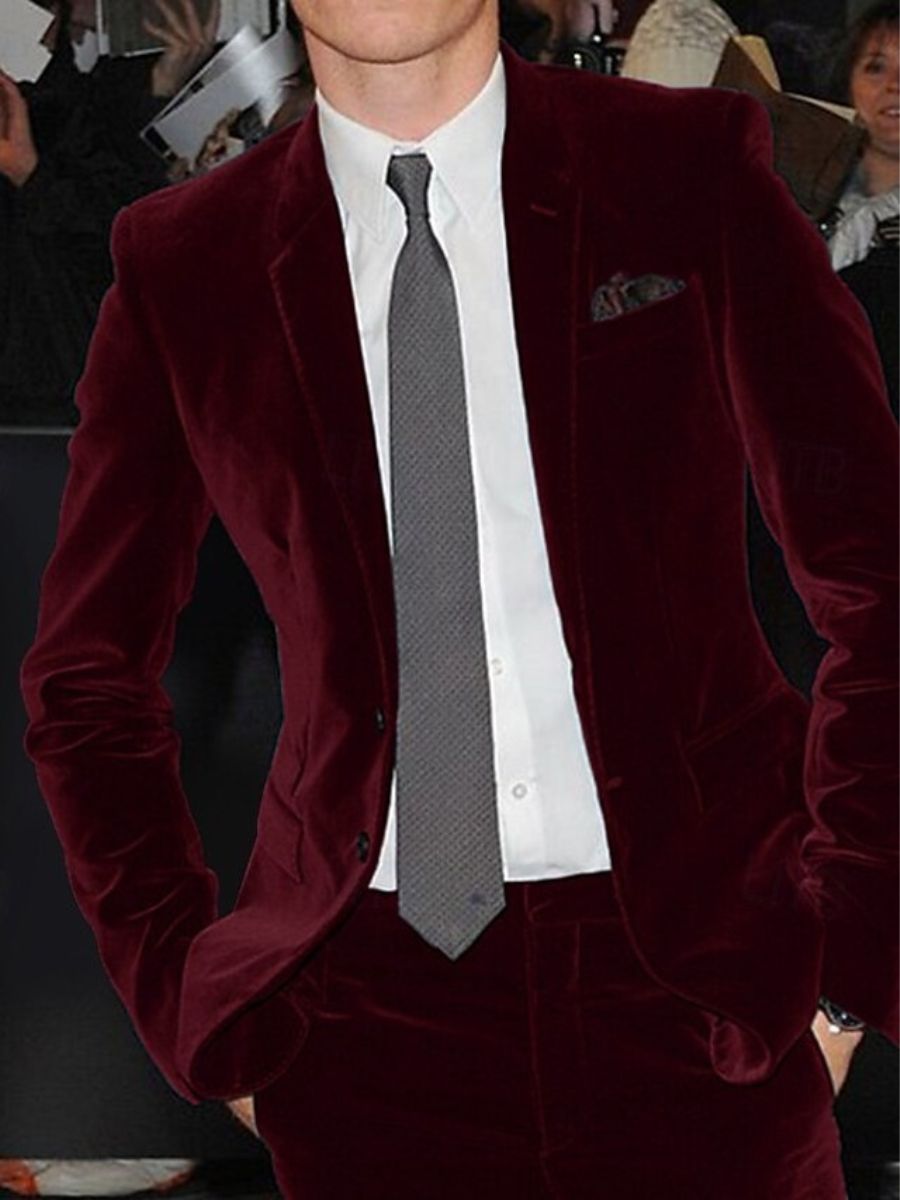 Burgundy Men's Velvet Single Breasted Two-Buttons Solid Wedding Party Suit Jacket