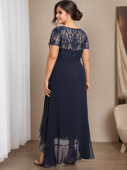 A-Line/Princess Scoop Neck Short Sleeves Asymmetrical Unique Plus Size Mother of the Bride Dresses with Bow, Ruffles & Sequins