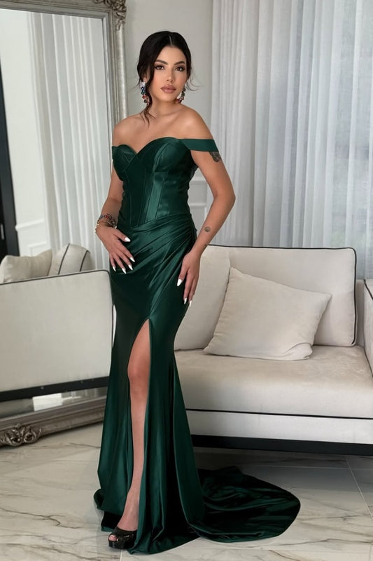 edgynewlook Green Off-the-Shoulder Long Prom Dress with Slit