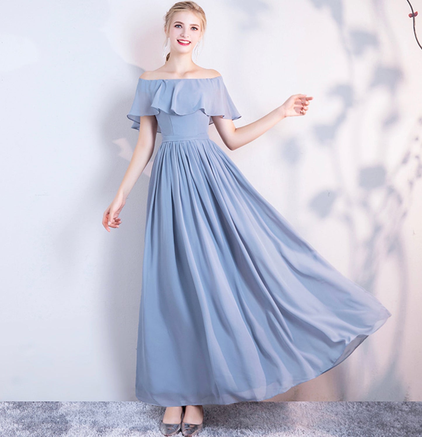 Blue chiffon long A line prom dress bridesmaid dress  10043