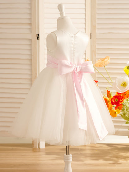 A-Line Satin Tulle Knee-length Flower Girl Dress