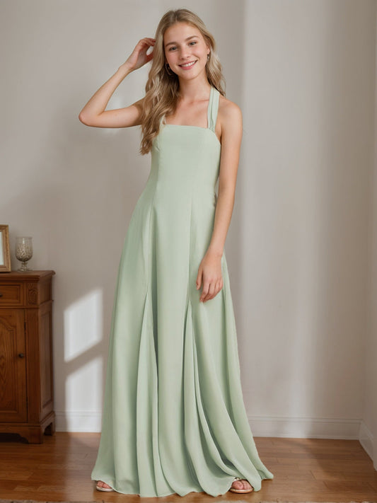 A-Line/Princess Halter Sleeveless Floor-Length Junior Bridesmaid Dress