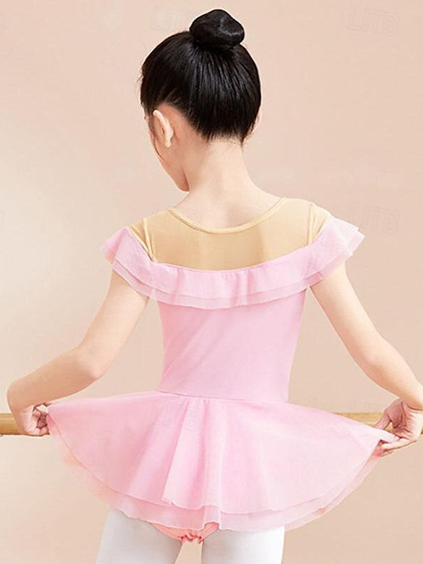 Kids' Dancewear Bowknot Ruffles Pure Color Short Sleeve Cotton Blend Girls' Performance