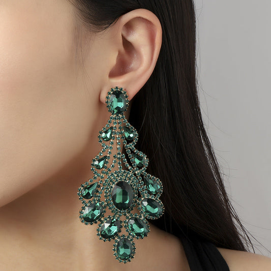 Retro Emerald Green Luxury Ellipse Rhinestone Drop Earrings