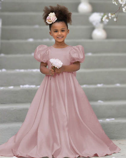 Puff Sleeve Bow Button Back Sweep Train Flower Girl Dress