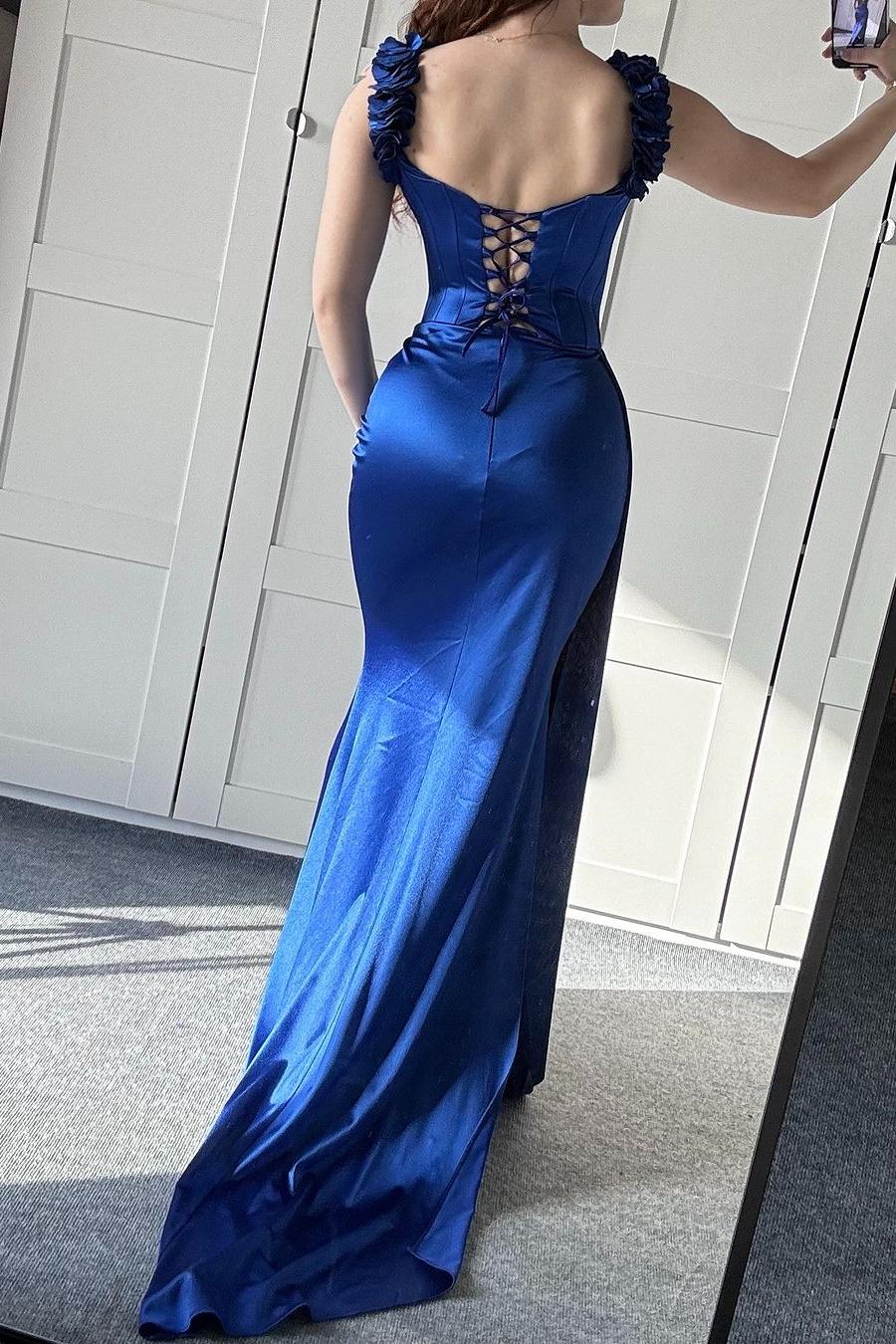 edgynewlook Stunning Royal Blue Satin Off the Shoulder Sleeveless Long Prom Dress with Pleated