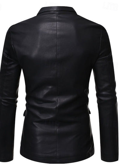 Black Men's PU Leather Blazer Office Work Solid Color Jacket