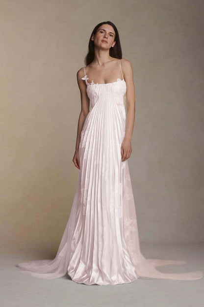 Stunning Spaghetti-Straps Pleated Sheath Appliques Prom Dress With Detachable Train XJ0176