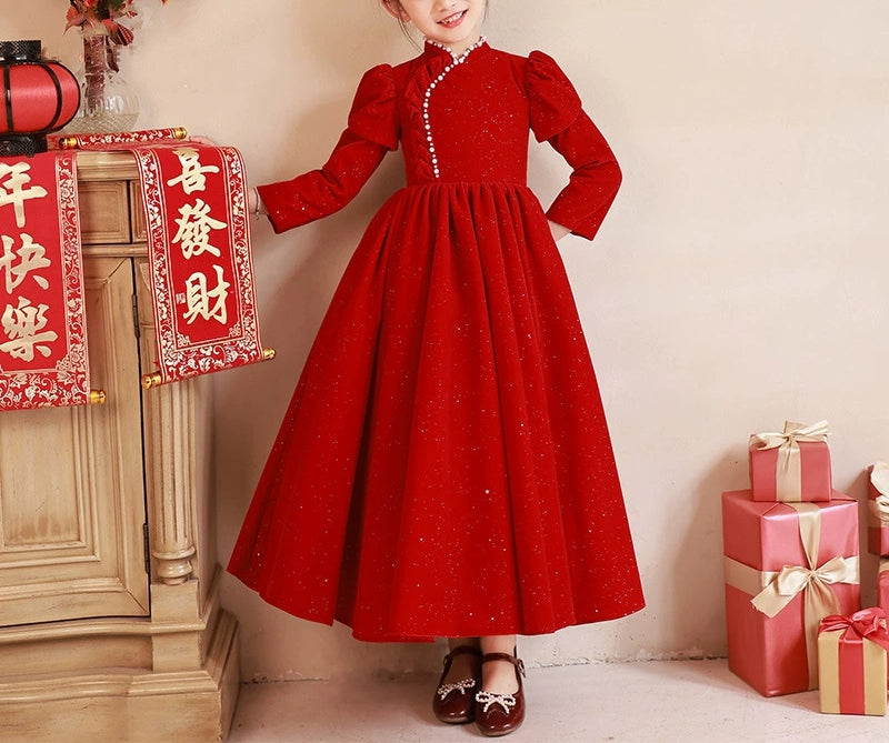 Beaded High Neck Long Sleeves Floor Length Red Girl Party Dress