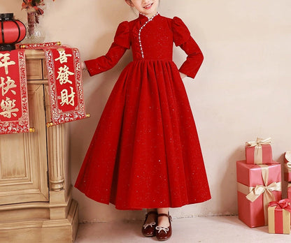 Beaded High Neck Long Sleeves Floor Length Red Girl Party Dress