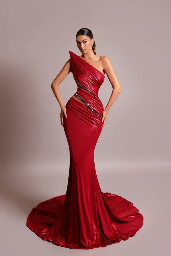 edgynewlook Red Strapless Long Prom Dress Mermaid Sleeveless with Sequins