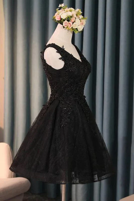 A-Line V-Neck Little Black Homecoming Dresses With Lace Up gh834