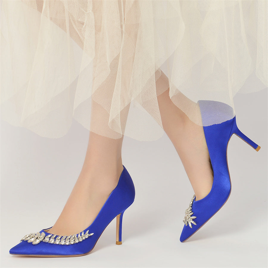 Women's Wedding Pointed Toe Silk Satin Stiletto Heel Bridal Shoes with Long Rhinestones